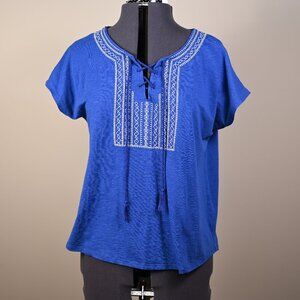 Blue Cotton T-shirt top with neck details-Petite Medium